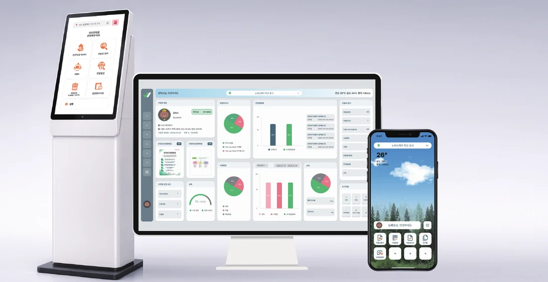 세이프로 관리자 Web 대시보드·모바일 APP·현장 키오스크 화면