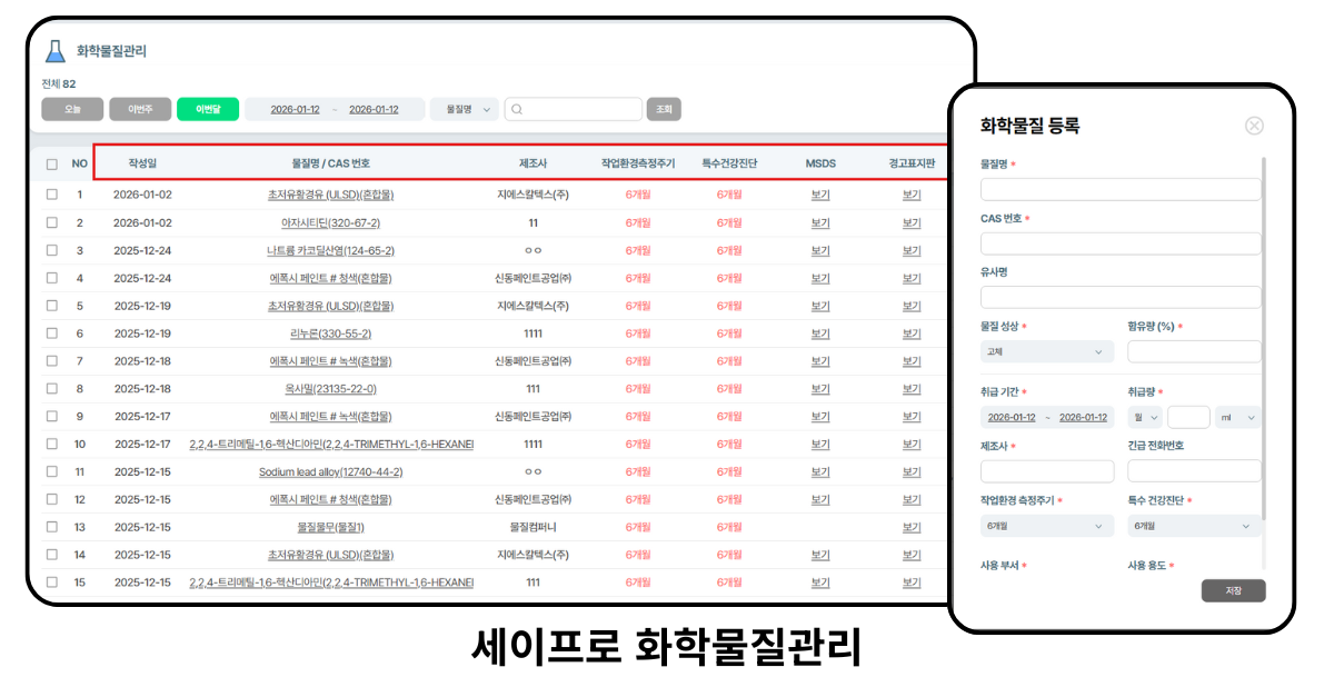 세이프로에서 MSDS 분석 기반으로 경고표지판을 자동 생성하고 최신본을 동기화하는 화면