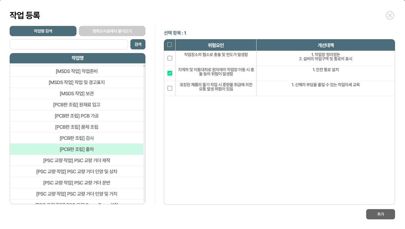 엑셀·종이로 흩어진 위험성평가 문서와 세이프로 시스템에서 통합 관리되는 위험성평가 목록 화면 비교