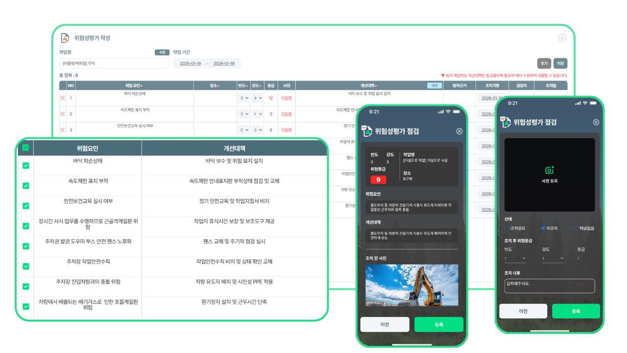 시설관리공단 안전관리 솔루션 세이프로 위험성평가 AI 활용 화면