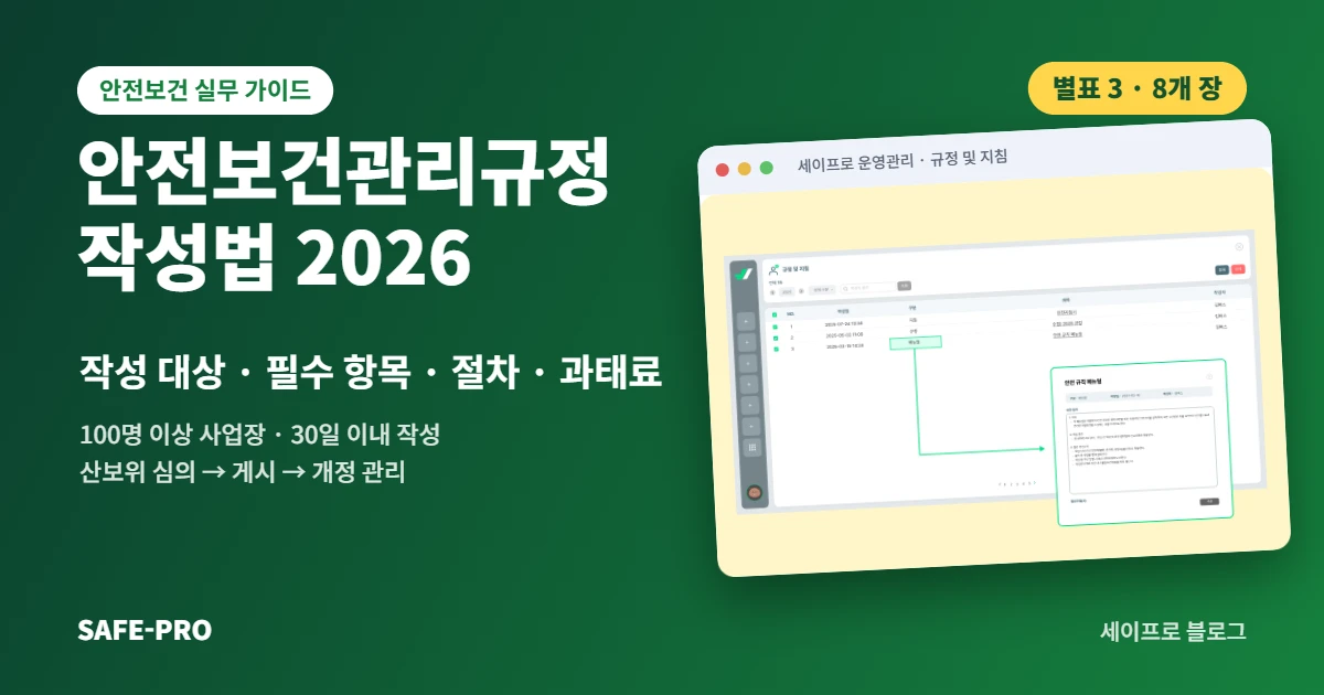 안전보건관리규정 작성법 2026: 작성 대상·필수 항목·절차·과태료 — 세이프로 규정 및 지침 화면